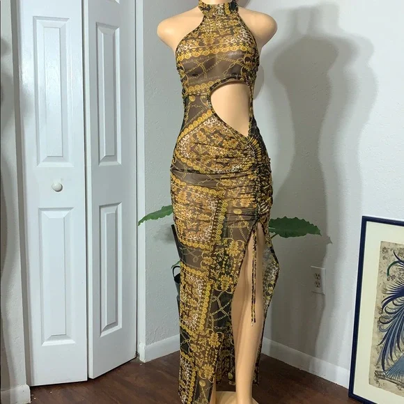 Chic Asymmetrical Brown Cut-Out Dress - Picture 3 of 6